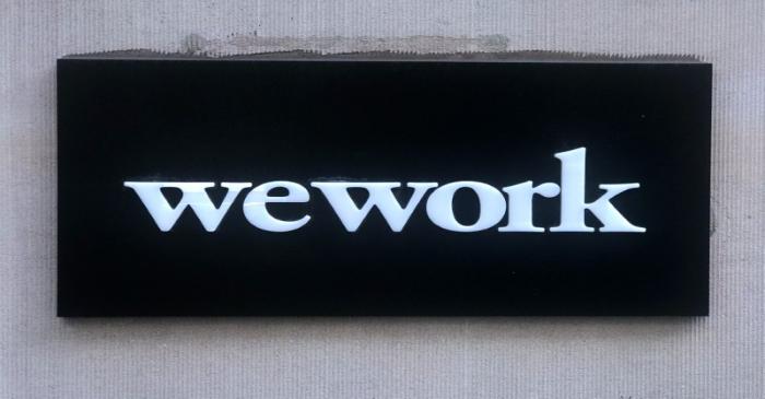 FILE PHOTO: A WeWork logo is pictured in the Manhattan borough of New York City