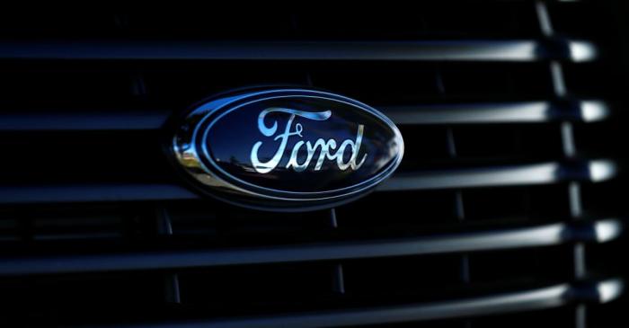 FILE PHOTO: FILE PHOTO: The front grill logo of a Ford pickup truck