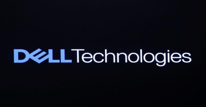 The logo for Dell Technologies Inc. is displayed on a screen on the floor of the New York Stock