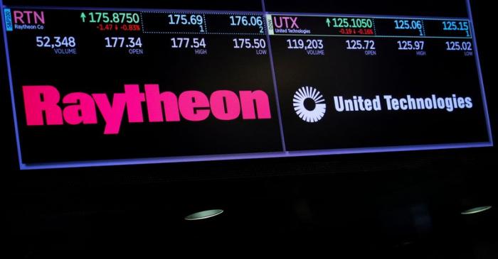 A screen shows the logos and trading information for defense contractor Raytheon Co, and United