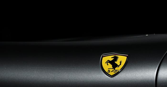 The Ferrari logo is pictured as Ferrari Roma is unveiled during its first world presentation in