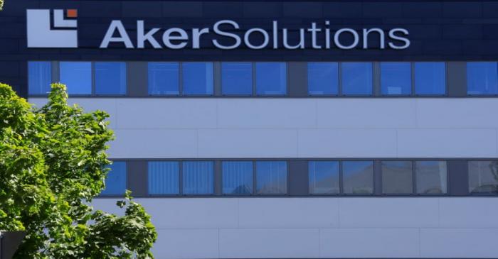 FILE PHOTO: Aker Solutions oil service company's logo is seen at their headquarters in Lysaker