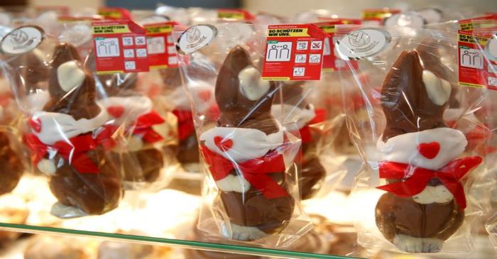 FILE PHOTO: Chocolate Easter bunnies wearing protective masks are seen at Baeckerei Bohnenblust