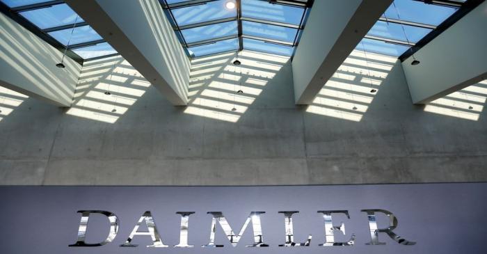 The Daimler logo is seen before the Daimler annual shareholder meeting in Berlin,