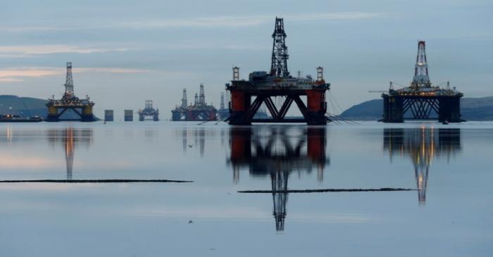 FILE PHOTO: Drilling rigs are parked up in the Cromarty Firth near Invergordon, Scotland