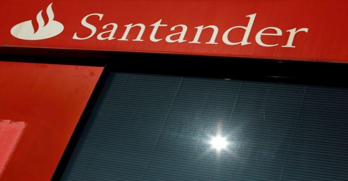 FILE PHOTO: A logo of Santander, the euro zone's largest lender by market value, is seen on a