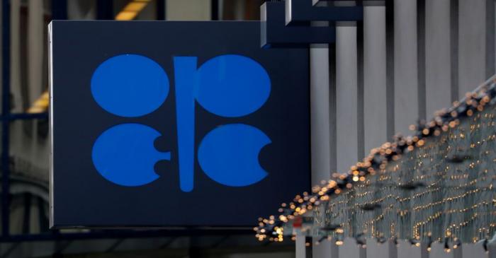 The logo of the Organisation of the Petroleum Exporting Countries (OPEC) sits outside its