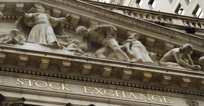 An exterior view of the facade on the outside of the New York Stock Exchange building in New