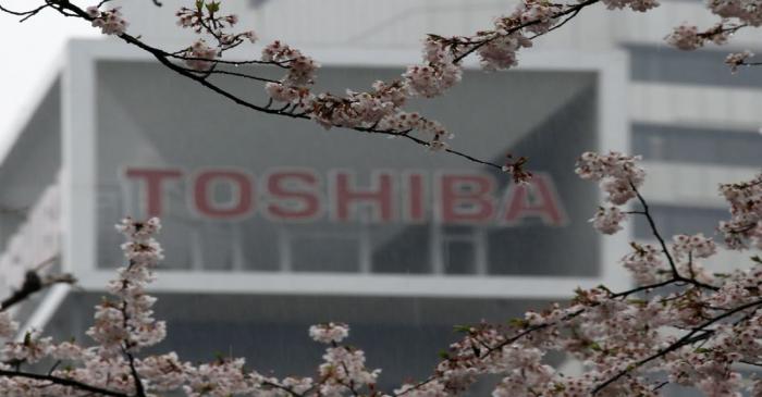 FILE PHOTO:  The logo of Toshiba Corp is seen behind cherry blossoms at the company's