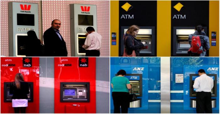 FILE PHOTO: A combination of photographs shows people using automated teller machines (ATMs) at