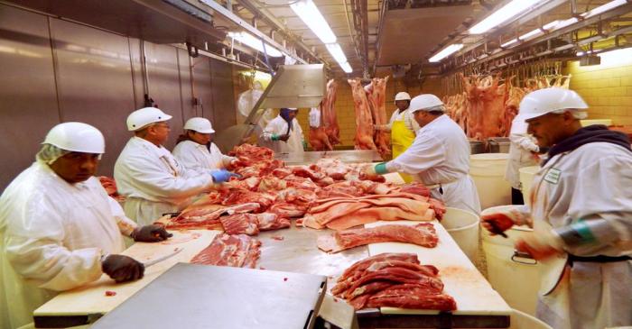 FILE PHOTO: Workers cut pork at Park Packing -- one of the Chicago's few remaining