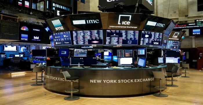 Floor traders work space is seen on the trading floor after the closing bell, following traders