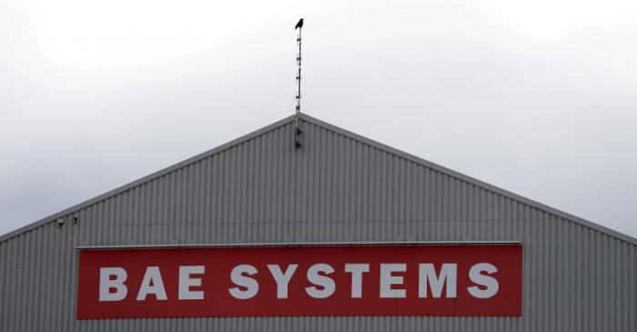 FILE PHOTO: A sign adorns a hangar at the BAE Systems facility in Salmesbury