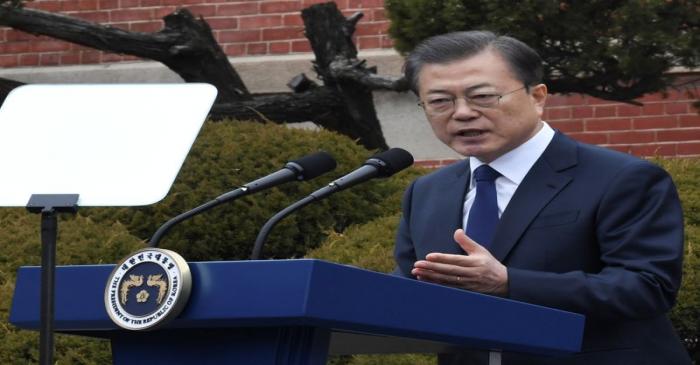 FILE PHOTO:  South Korea's President Moon Jae-in speaks during a ceremony marking the 101st
