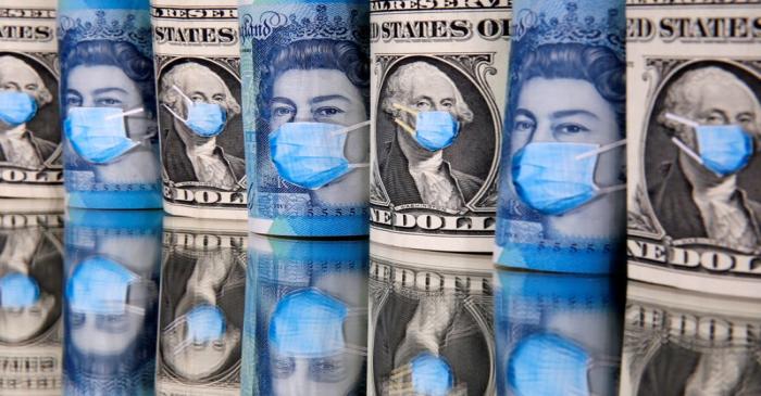 FILE PHOTO: George Washington and Queen Elizabeth II are seen with printed medical masks on the