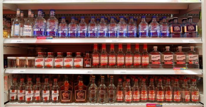Bottles of vodka are displayed for sale in a supermarket in Moscow