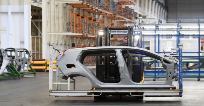 Car components are pictured in a production line at the Volkswagen plant in Wolfsburg