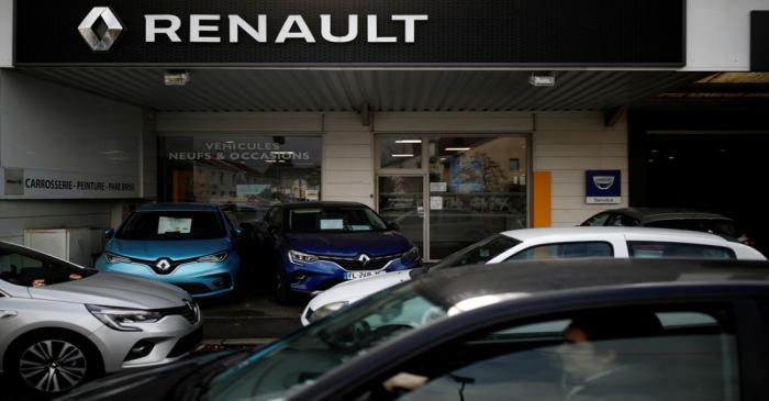 FILE PHOTO: Logo of Renault carmaker is pictured at a dealership in Nantes