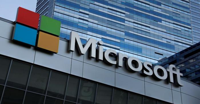 FILE PHOTO: The Microsoft sign is shown on top of the Microsoft Theatre in Los Angeles,