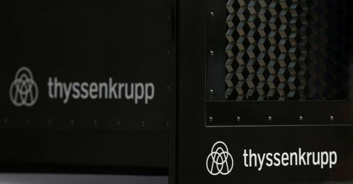 Thyssenkrupp's logo is seen in the elevator test tower in Rottweil