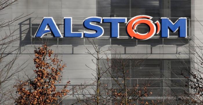A logo of Alstom is seen at the Alstom's plant in Semeac near Tarbes