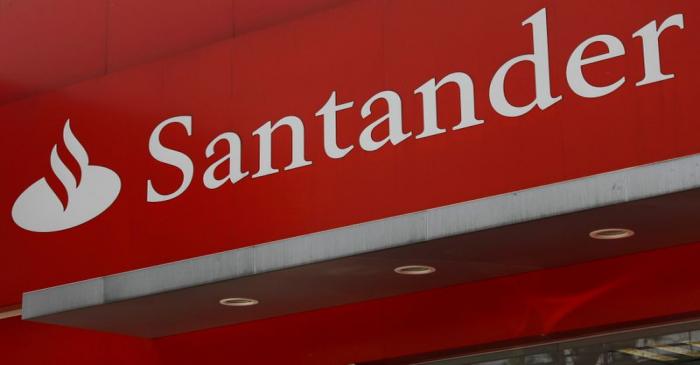 FILE PHOTO: The logo of Santander bank is seen at a branch in Mexico City