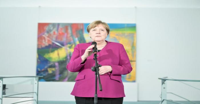 German Chancellor Angela Merkel makes statement after her video call with local health