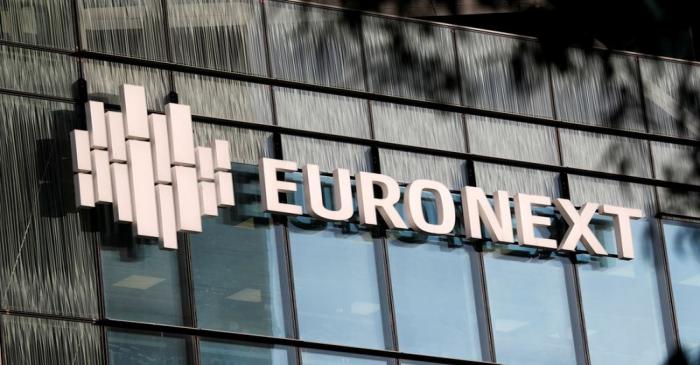 Logo of Euronext is seen on the headquarters at La Defense business and financial district in