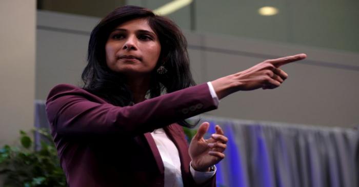 International Monetary Fund Chief Economist Gita Gopinath takes questions at the annual