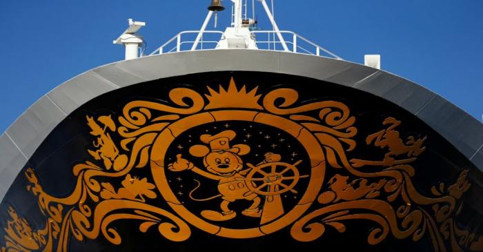 FILE PHOTO: Cartoon character Mickey Mouse is seen on the bow of the Disney Wonder cruise ship