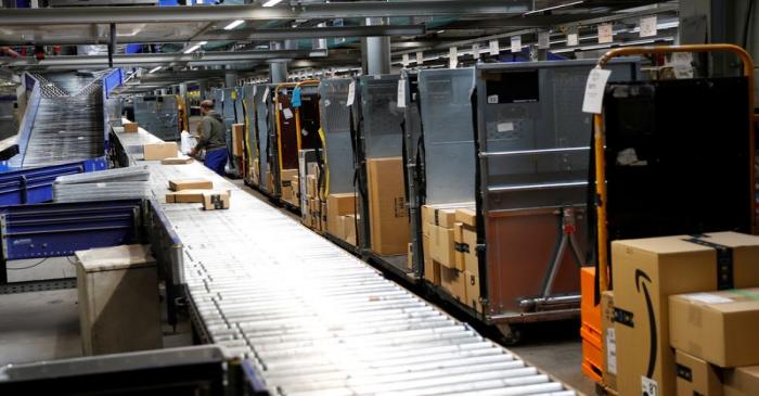 Parcels run on a line at the Austrian Post logistics centre in Vienna