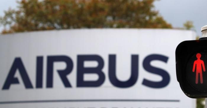 The logo of Airbus is pictured at the entrance of the Airbus facility in Bouguenais