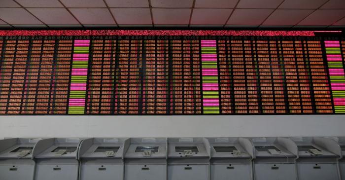 An electronic stock information board displaying zero numbers on the latests stock prices