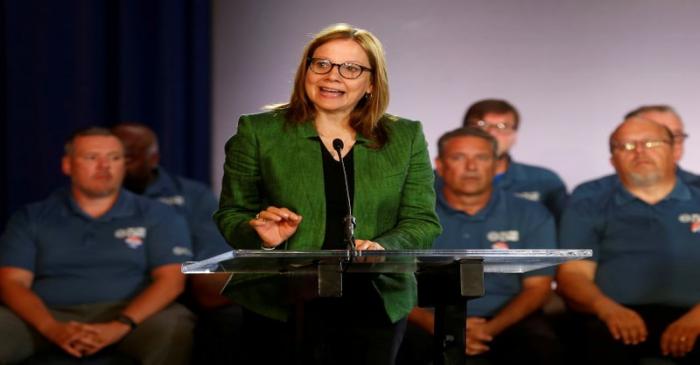 FILE PHOTO: General Motors Chairman and CEO Mary Barra makes a statement as members of the