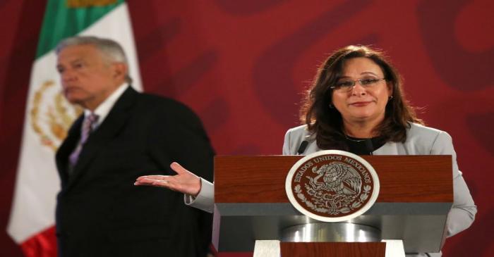 FILE PHOTO: Mexico's Energy Minister Rocio Nahle gestures next Mexico's President Andres Manuel