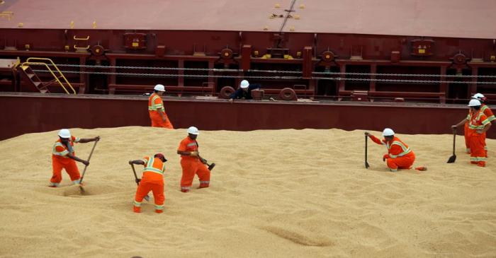FILE PHOTO: Employees working at cargo ship Kypros Land which is loading soybeans to China at