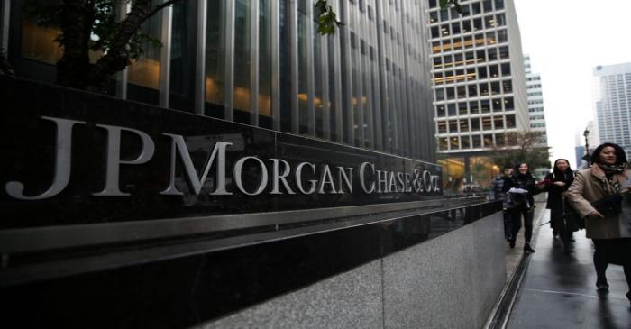 A sign of JP Morgan Chase Bank is seen in front of their headquarters tower in New York