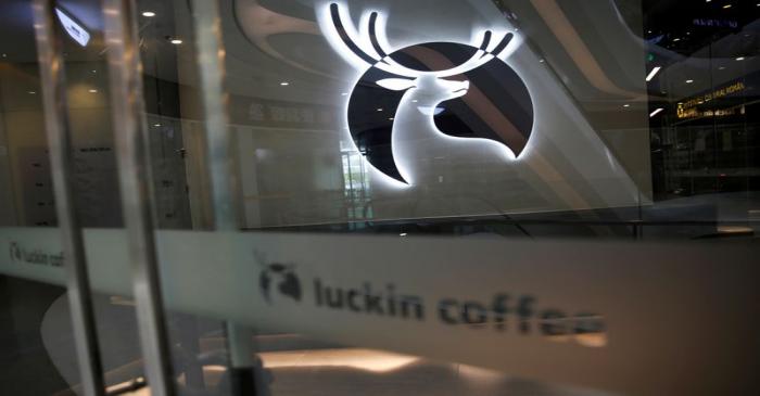 FILE PHOTO: A Luckin Coffee logo is seen at a store in Beijing