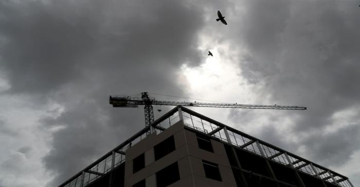 FILE PHOTO: Birds fly over a closed construction site of a residential building during the