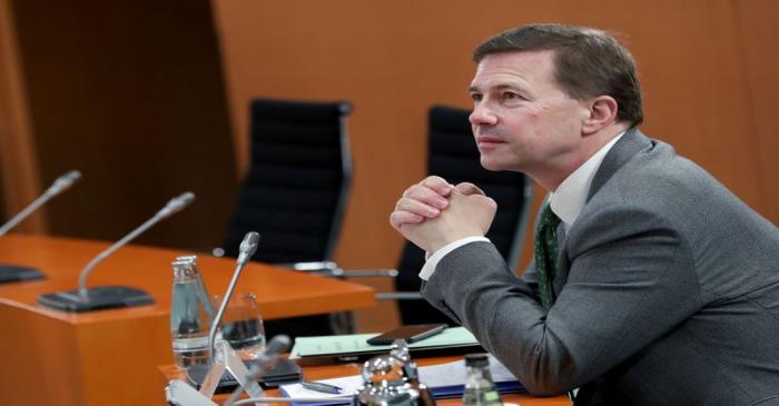 Germany's Government Spokesperson Steffen Seibert folds his hands prior to the weekly cabinet