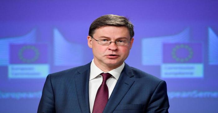 FILE PHOTO: European Commission Vice-President Valdis Dombrovski speaks during a news