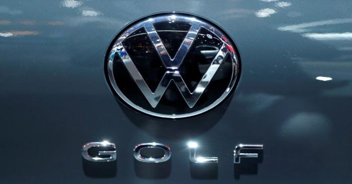 FILE PHOTO: The logo of German carmaker Volkswagen is seen on a new Golf car at Brussels Motor