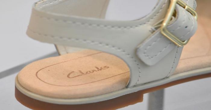 A Clarks shoe is seen in a window display in west London, Britain