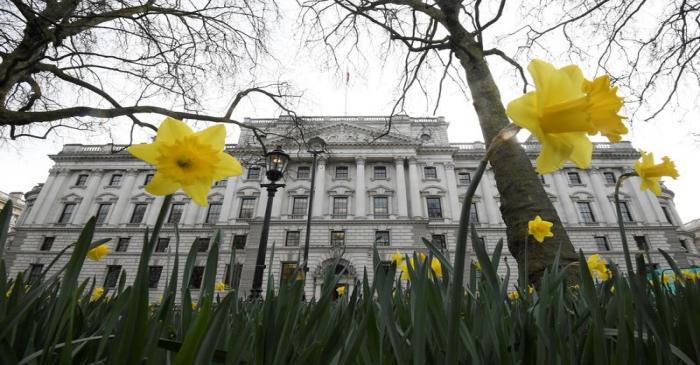 FILE PHOTO: Daffodils are seen flowering near the Treasury building in London, Britain
