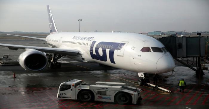 Polish Airlines LOT aircraft  Boeing 787 Dreamliner jet is pictured through the window at