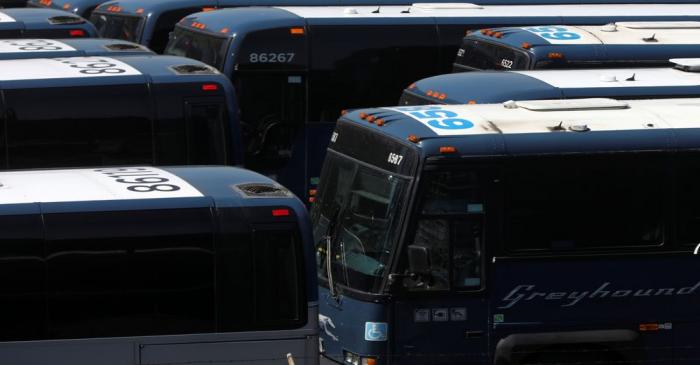 Greyhound buses are lined up in New York City