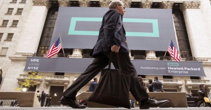 FILE PHOTO: Signs for Hewlett Packard Enterprise Co. cover the facade of the New York Stock
