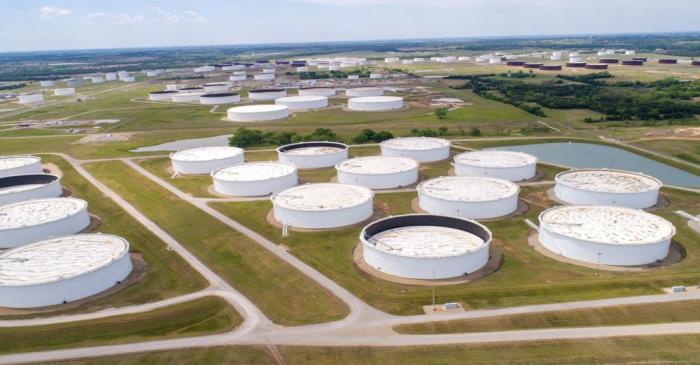 FILE PHOTO: Crude oil storage tanks are seen in an aerial photograph at the Cushing oil hub