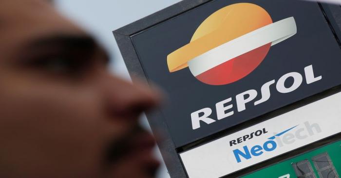 The logo of the Spanish energy giant Repsol SA is seen during the opening ceremony of its first