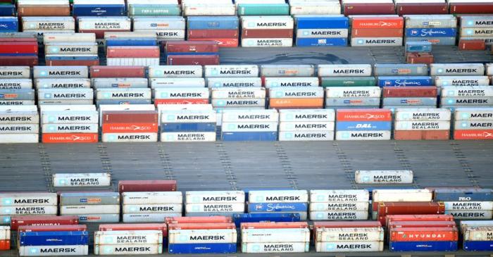 Containers are seen at a terminal in the port of Hamburg